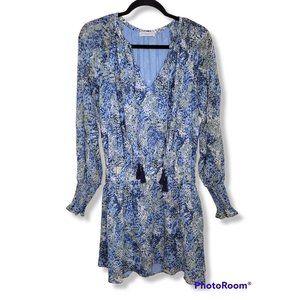 Ramy Brook Brinley Tasseled Long-Sleeve Smocked-Waist Patterned Dress - M